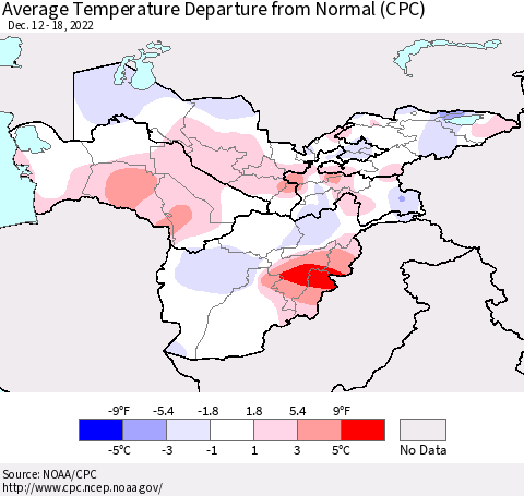 Central Asia Average Temperature Departure from Normal (CPC) Thematic Map For 12/12/2022 - 12/18/2022