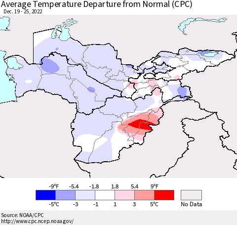 Central Asia Average Temperature Departure from Normal (CPC) Thematic Map For 12/19/2022 - 12/25/2022