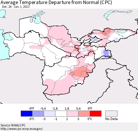Central Asia Average Temperature Departure from Normal (CPC) Thematic Map For 12/26/2022 - 1/1/2023