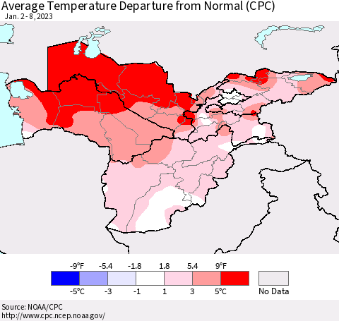 Central Asia Average Temperature Departure from Normal (CPC) Thematic Map For 1/2/2023 - 1/8/2023