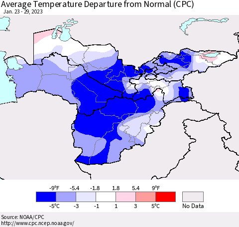 Central Asia Average Temperature Departure from Normal (CPC) Thematic Map For 1/23/2023 - 1/29/2023