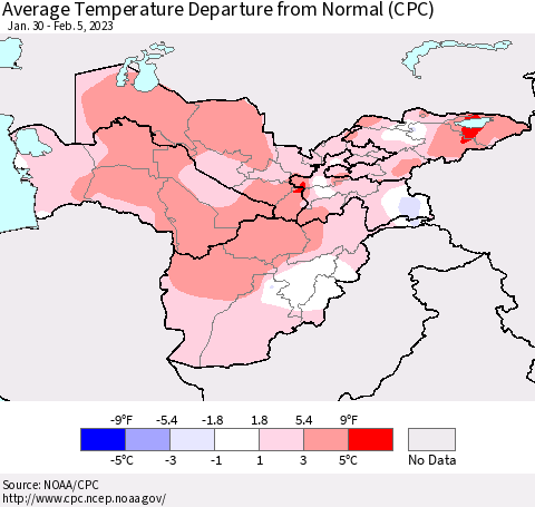 Central Asia Average Temperature Departure from Normal (CPC) Thematic Map For 1/30/2023 - 2/5/2023