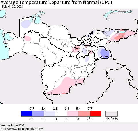 Central Asia Average Temperature Departure from Normal (CPC) Thematic Map For 2/6/2023 - 2/12/2023