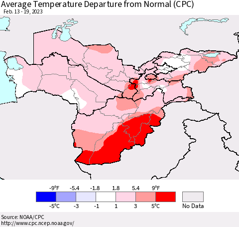 Central Asia Average Temperature Departure from Normal (CPC) Thematic Map For 2/13/2023 - 2/19/2023