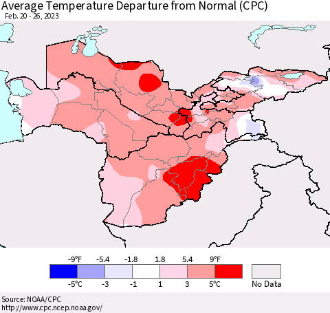 Central Asia Average Temperature Departure from Normal (CPC) Thematic Map For 2/20/2023 - 2/26/2023