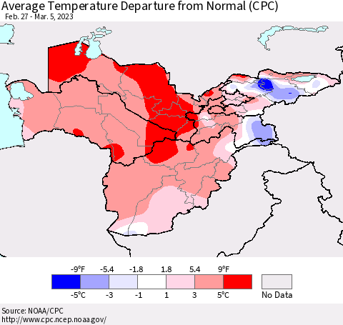 Central Asia Average Temperature Departure from Normal (CPC) Thematic Map For 2/27/2023 - 3/5/2023