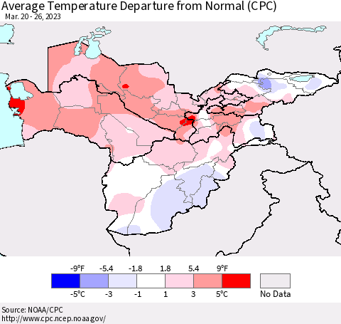 Central Asia Average Temperature Departure from Normal (CPC) Thematic Map For 3/20/2023 - 3/26/2023