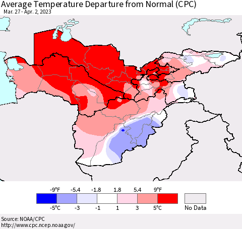 Central Asia Average Temperature Departure from Normal (CPC) Thematic Map For 3/27/2023 - 4/2/2023