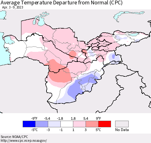 Central Asia Average Temperature Departure from Normal (CPC) Thematic Map For 4/3/2023 - 4/9/2023