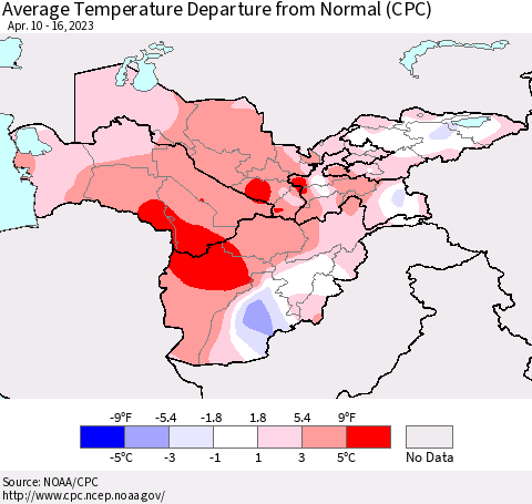 Central Asia Average Temperature Departure from Normal (CPC) Thematic Map For 4/10/2023 - 4/16/2023