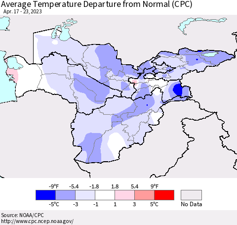 Central Asia Average Temperature Departure from Normal (CPC) Thematic Map For 4/17/2023 - 4/23/2023