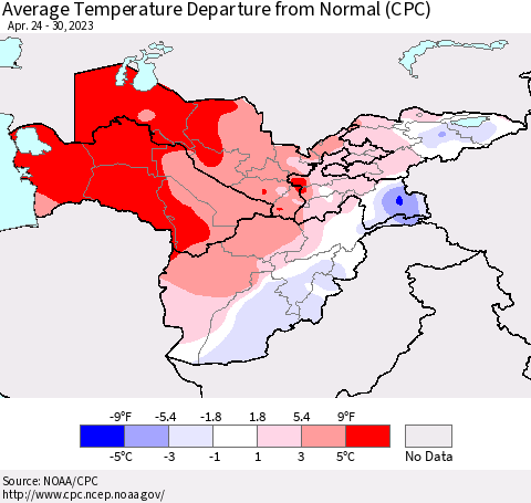 Central Asia Average Temperature Departure from Normal (CPC) Thematic Map For 4/24/2023 - 4/30/2023