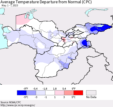Central Asia Average Temperature Departure from Normal (CPC) Thematic Map For 5/1/2023 - 5/7/2023
