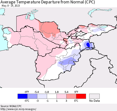 Central Asia Average Temperature Departure from Normal (CPC) Thematic Map For 5/8/2023 - 5/14/2023