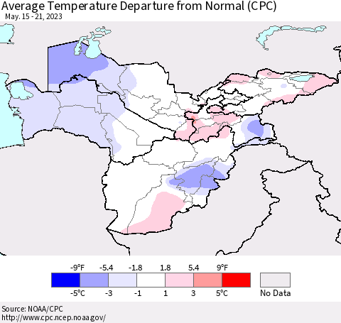 Central Asia Average Temperature Departure from Normal (CPC) Thematic Map For 5/15/2023 - 5/21/2023