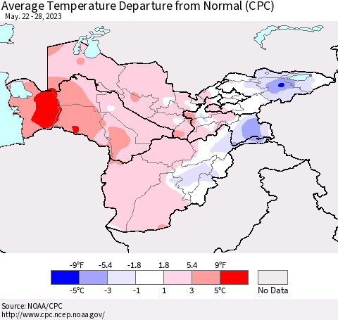 Central Asia Average Temperature Departure from Normal (CPC) Thematic Map For 5/22/2023 - 5/28/2023