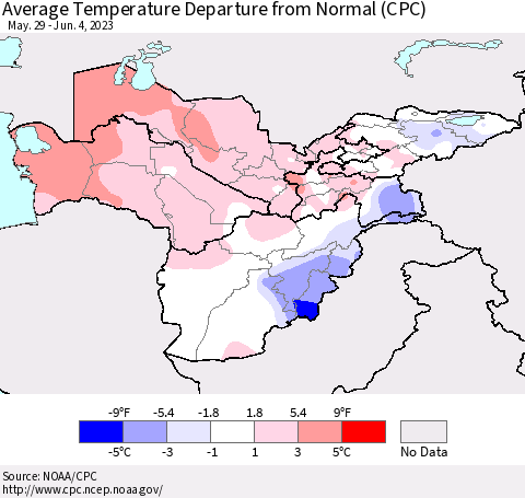 Central Asia Average Temperature Departure from Normal (CPC) Thematic Map For 5/29/2023 - 6/4/2023