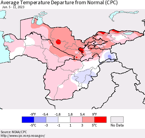Central Asia Average Temperature Departure from Normal (CPC) Thematic Map For 6/5/2023 - 6/11/2023
