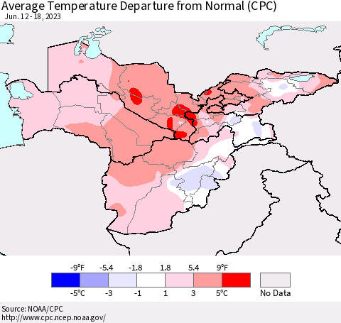 Central Asia Average Temperature Departure from Normal (CPC) Thematic Map For 6/12/2023 - 6/18/2023