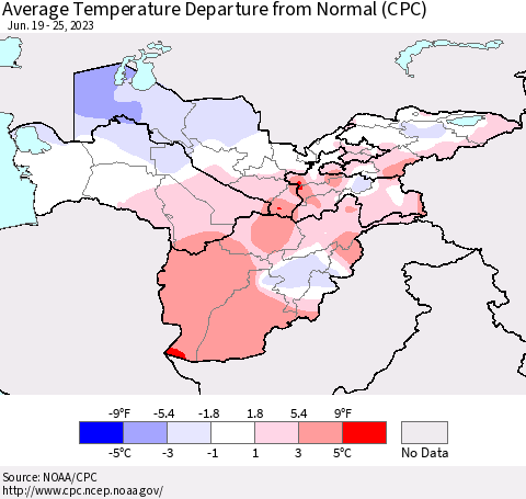 Central Asia Average Temperature Departure from Normal (CPC) Thematic Map For 6/19/2023 - 6/25/2023