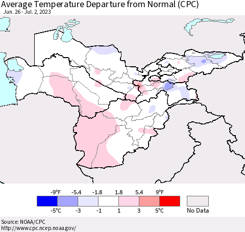 Central Asia Average Temperature Departure from Normal (CPC) Thematic Map For 6/26/2023 - 7/2/2023