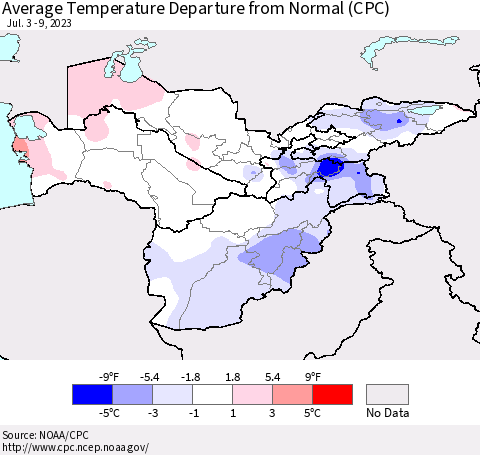 Central Asia Average Temperature Departure from Normal (CPC) Thematic Map For 7/3/2023 - 7/9/2023