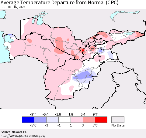 Central Asia Average Temperature Departure from Normal (CPC) Thematic Map For 7/10/2023 - 7/16/2023