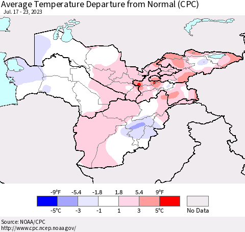 Central Asia Average Temperature Departure from Normal (CPC) Thematic Map For 7/17/2023 - 7/23/2023