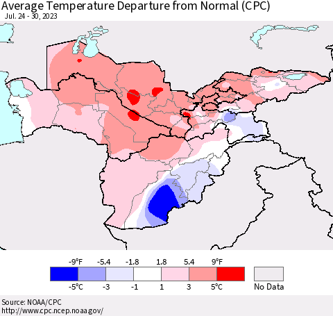 Central Asia Average Temperature Departure from Normal (CPC) Thematic Map For 7/24/2023 - 7/30/2023