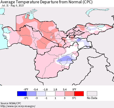 Central Asia Average Temperature Departure from Normal (CPC) Thematic Map For 7/31/2023 - 8/6/2023