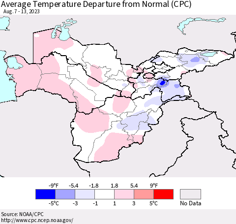 Central Asia Average Temperature Departure from Normal (CPC) Thematic Map For 8/7/2023 - 8/13/2023
