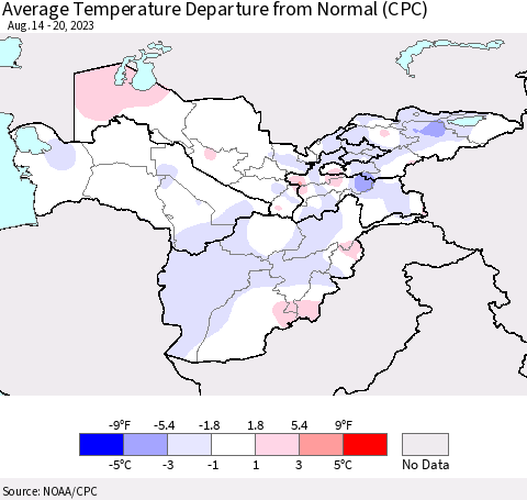 Central Asia Average Temperature Departure from Normal (CPC) Thematic Map For 8/14/2023 - 8/20/2023
