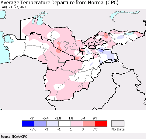 Central Asia Average Temperature Departure from Normal (CPC) Thematic Map For 8/21/2023 - 8/27/2023