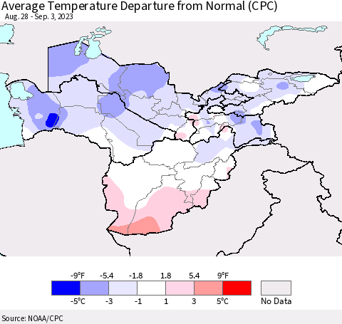 Central Asia Average Temperature Departure from Normal (CPC) Thematic Map For 8/28/2023 - 9/3/2023