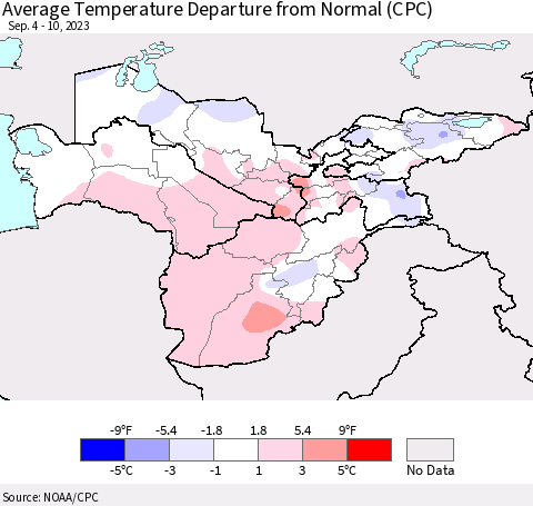 Central Asia Average Temperature Departure from Normal (CPC) Thematic Map For 9/4/2023 - 9/10/2023