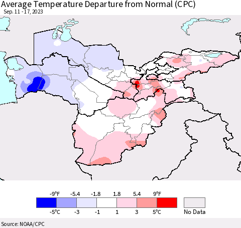 Central Asia Average Temperature Departure from Normal (CPC) Thematic Map For 9/11/2023 - 9/17/2023