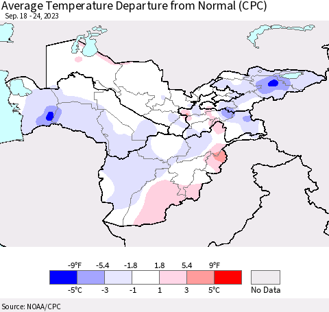 Central Asia Average Temperature Departure from Normal (CPC) Thematic Map For 9/18/2023 - 9/24/2023