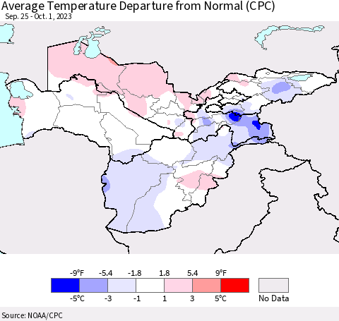 Central Asia Average Temperature Departure from Normal (CPC) Thematic Map For 9/25/2023 - 10/1/2023