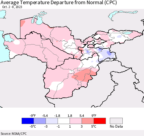 Central Asia Average Temperature Departure from Normal (CPC) Thematic Map For 10/2/2023 - 10/8/2023