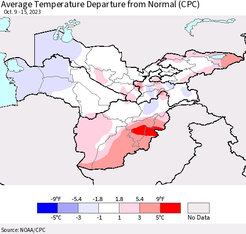 Central Asia Average Temperature Departure from Normal (CPC) Thematic Map For 10/9/2023 - 10/15/2023