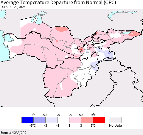Central Asia Average Temperature Departure from Normal (CPC) Thematic Map For 10/16/2023 - 10/22/2023