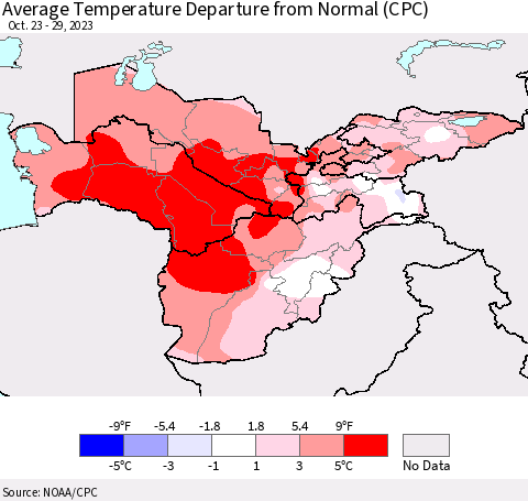 Central Asia Average Temperature Departure from Normal (CPC) Thematic Map For 10/23/2023 - 10/29/2023