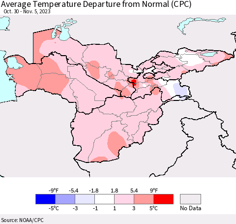 Central Asia Average Temperature Departure from Normal (CPC) Thematic Map For 10/30/2023 - 11/5/2023