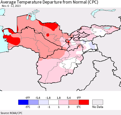 Central Asia Average Temperature Departure from Normal (CPC) Thematic Map For 11/6/2023 - 11/12/2023