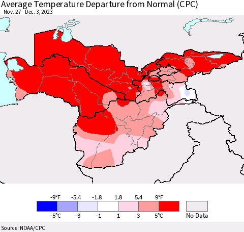 Central Asia Average Temperature Departure from Normal (CPC) Thematic Map For 11/27/2023 - 12/3/2023