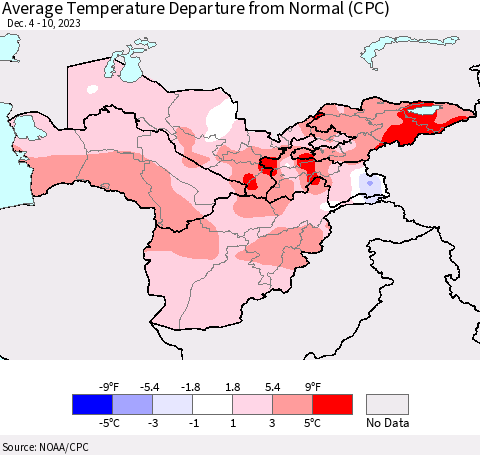 Central Asia Average Temperature Departure from Normal (CPC) Thematic Map For 12/4/2023 - 12/10/2023
