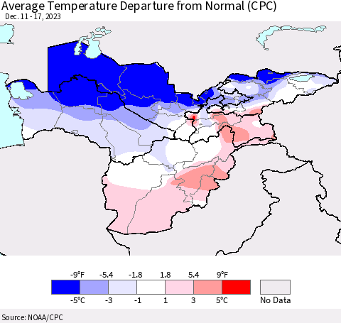 Central Asia Average Temperature Departure from Normal (CPC) Thematic Map For 12/11/2023 - 12/17/2023