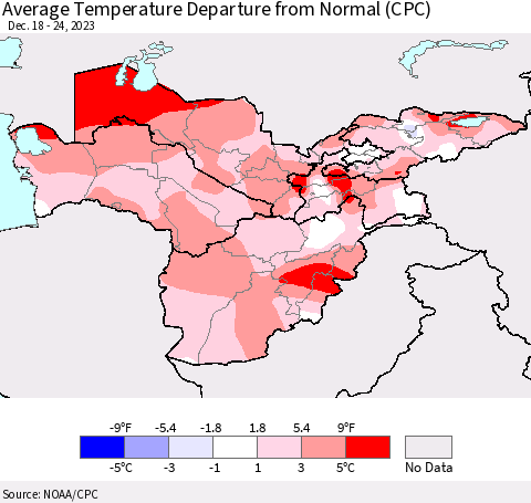 Central Asia Average Temperature Departure from Normal (CPC) Thematic Map For 12/18/2023 - 12/24/2023