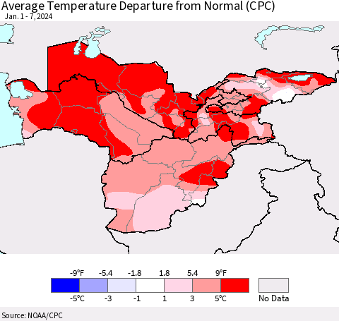 Central Asia Average Temperature Departure from Normal (CPC) Thematic Map For 1/1/2024 - 1/7/2024