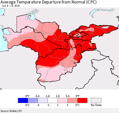 Central Asia Average Temperature Departure from Normal (CPC) Thematic Map For 1/8/2024 - 1/14/2024